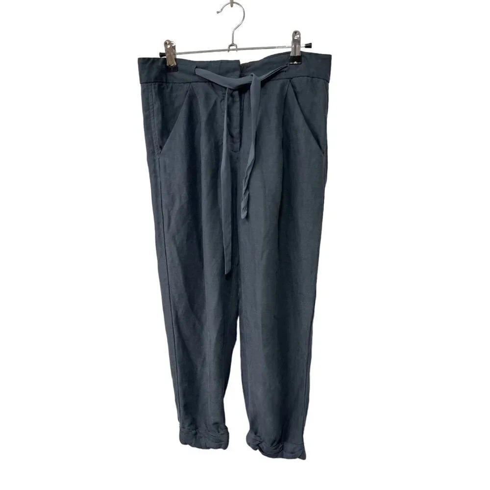 Wilfred Aritzia Linen and Lyocell Cuffed Cropped Trousers in Midnight Blue Sz 0